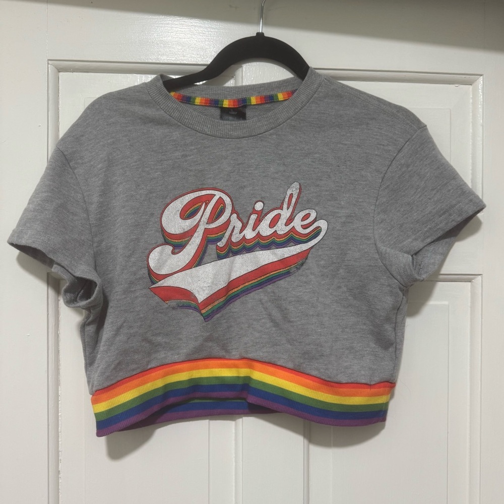 Well Worn Pride Crop T-Shirt Rainbow Trim Men's Sz XS Jersey LGBTQIA+ Queer Gay